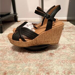 Gentle Souls Black and Tan Wedge Sandals